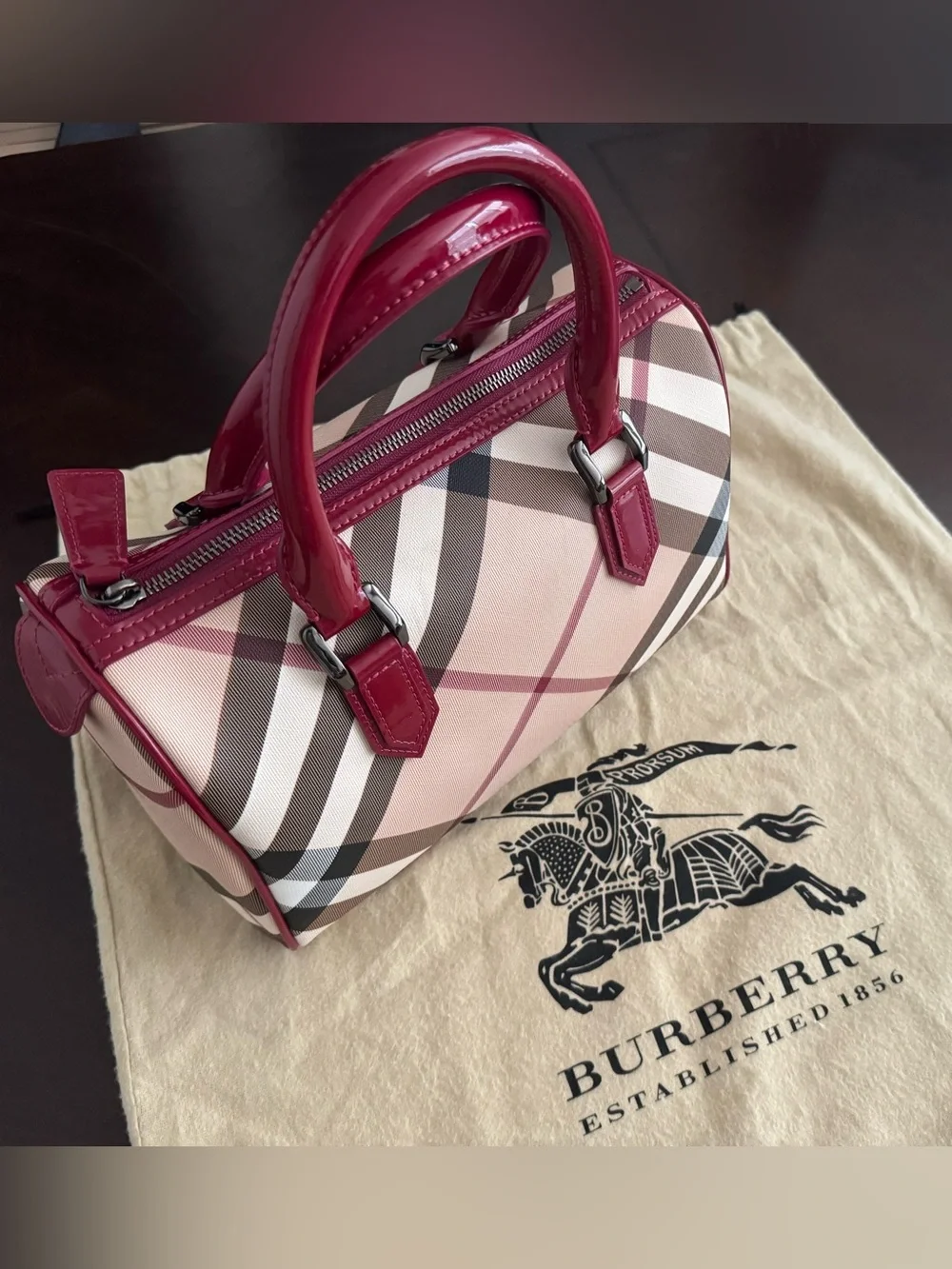 *Like New* Burberry Haymarket Check Bowling Bag with Bold Red Leather Trim
